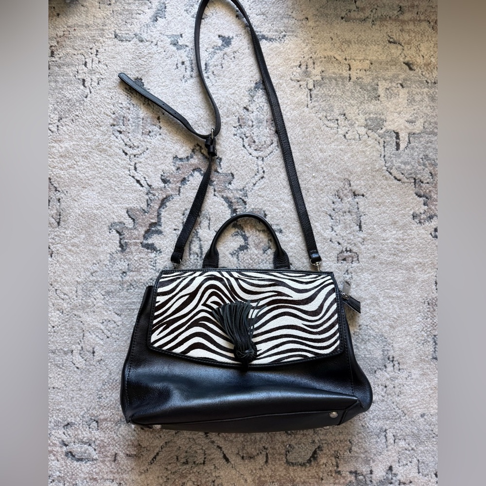 Patricia Nash Mollia Zebra Haircalf Leather Satchel Shoulder Bag black white